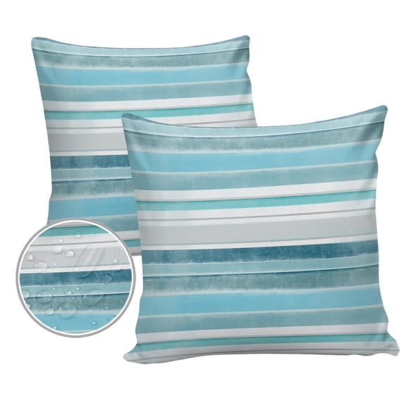 Pack of 2 Outdoor Pillow Covers, Northern Europe Turquoise Vintage Stripes Waterproof Square Throw Pillowcase Cushion Decorative Pillow Covers for Couch Patio Tent, 18x18 in
