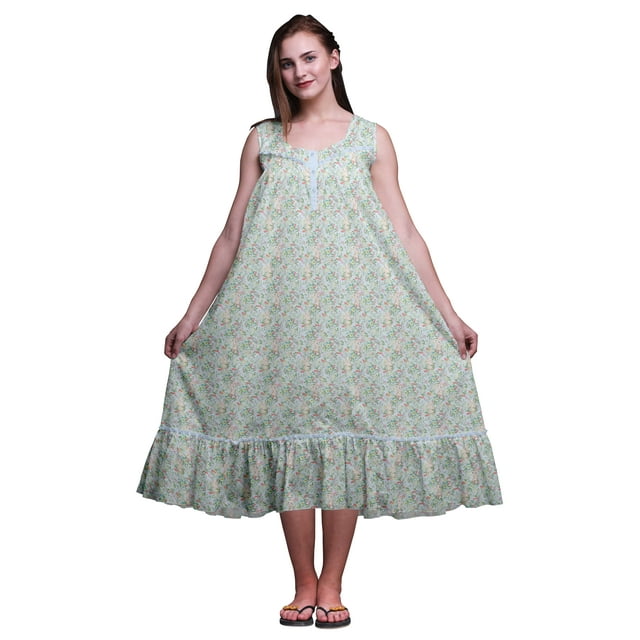Bimba Light Steel Blue Floral Rabbit & Birds Sleeveless Cotton Nightgowns For Women Printed Mid-Calf Length Sleepwear Small