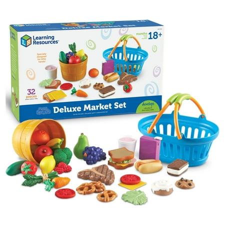 UPC: 0765023097252 | Learning Resources New Sprouts Deluxe Market Set – 32 Pieces Boys and Girls Ages 18mos+ Food Play Set Pretend Play for Toddlers