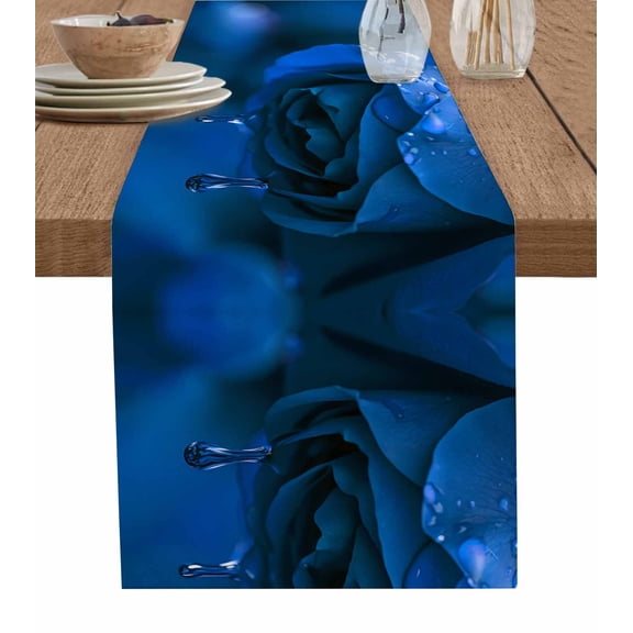 Blue Rose Table Runner 36 Inches, Elegance Fantasy Flowers Romantic Bed Runner Dresser Scarves Tabletop for Indoor Outdoor Parties/Ceremony/Banquet, 13"x 36"