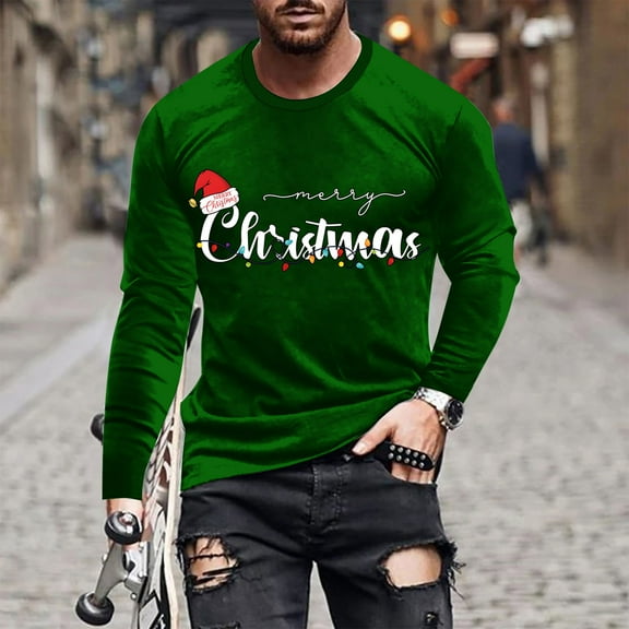 Brondbend Men Top Christmas Men’s Shirt Long Sleeves Crewneck Pullover Print Leisure Blouse Loose Fit Anniversary Clothes Green