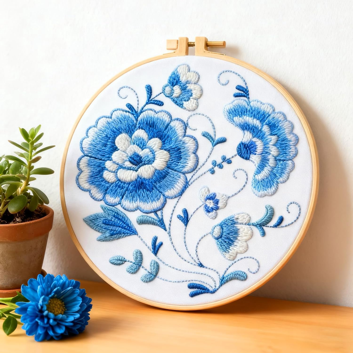 4 Set Embroidery Kit for Beginners, Blue Flower Cross Stitch Kits, Needlepoint Kits for Adults with Instructions and Full Kit, Hand Embroidery Patterns for Cloth and Home Decor