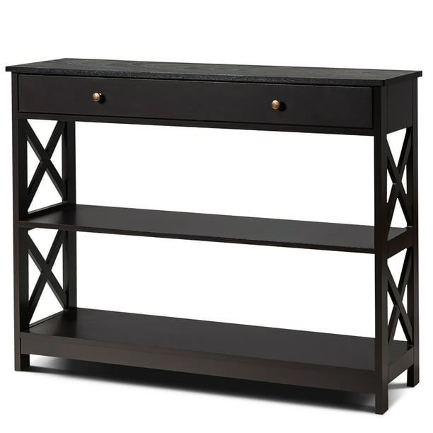 Costway Mesa Auxiliar con 1 Cajón y 2 Repisas Mesa para Entrada con Diseño en X para Entrada Salón y Pasillo Café 100 x 30 x 80 cm