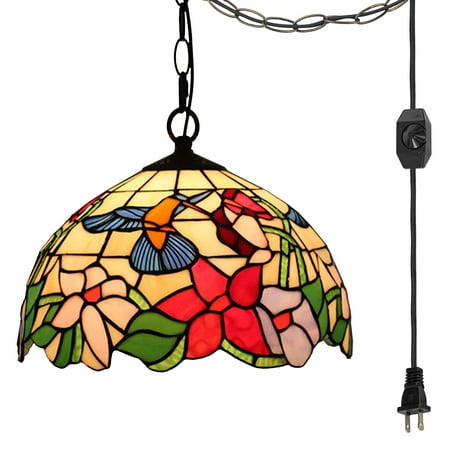 

FSLiving 15ft Plug-in Swag Pendant Lighting UL Dimmer Switch Cord with Iron Chain Tiffany Colorful Handmade Glass Shade Antique Chandelier Decorative Pendant Light Bulb Not Included - 1 Pack