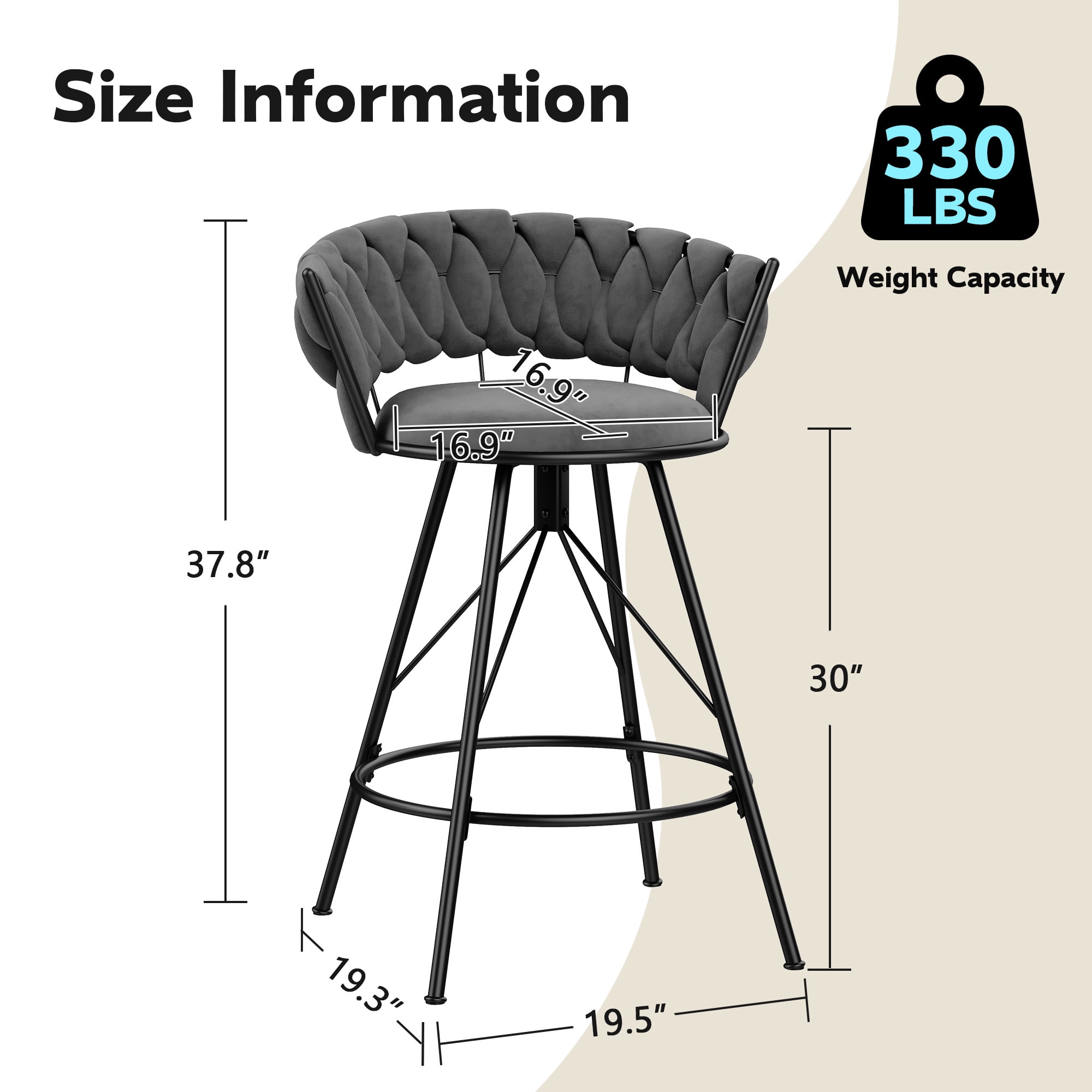 Andeworld 30'' Counter Height Barstools set of 2, Modern Velvet Bar Stools with Woven Back, Metal Frame, Round Footrest, Gray