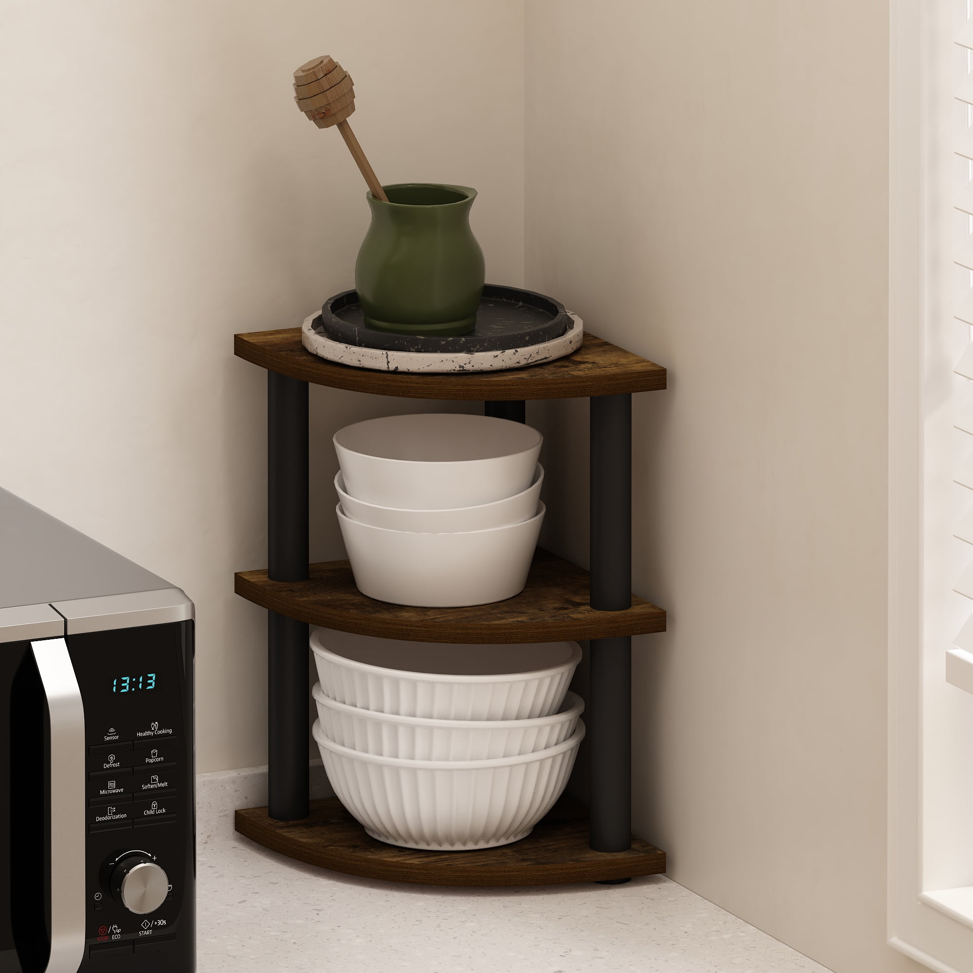 Furinno TURN-N-TUBE 3-Tier Corner Countertop Organizer Shelf in Amber Pine/Black