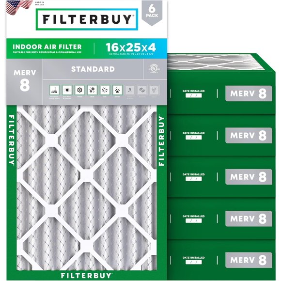Filterbuy 16x25x4 MERV 8 (MPR 600) Dust Defense, Pleated HVAC AC Furnace Air Filters (6-Pack)