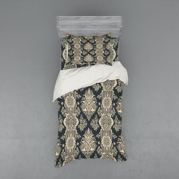 Ambesonne Damask Bedding Set 3 Pcs, Victorian Baroque Style, Twin XL, Charcoal Grey Cream
