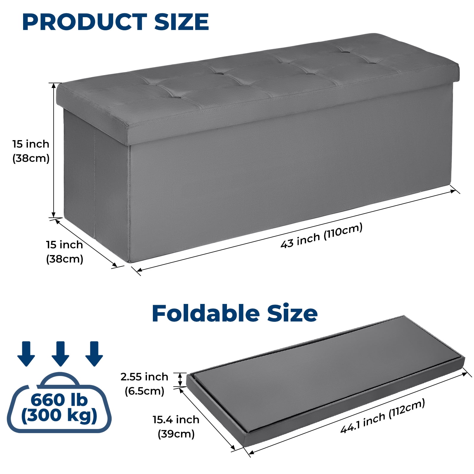 LUSIMO Ottoman with Storage 43" Velvet Storage Bench Folding End of Bed Bench Hold up to 660lb Footstool for Bedroom Living Room, Dark Grey