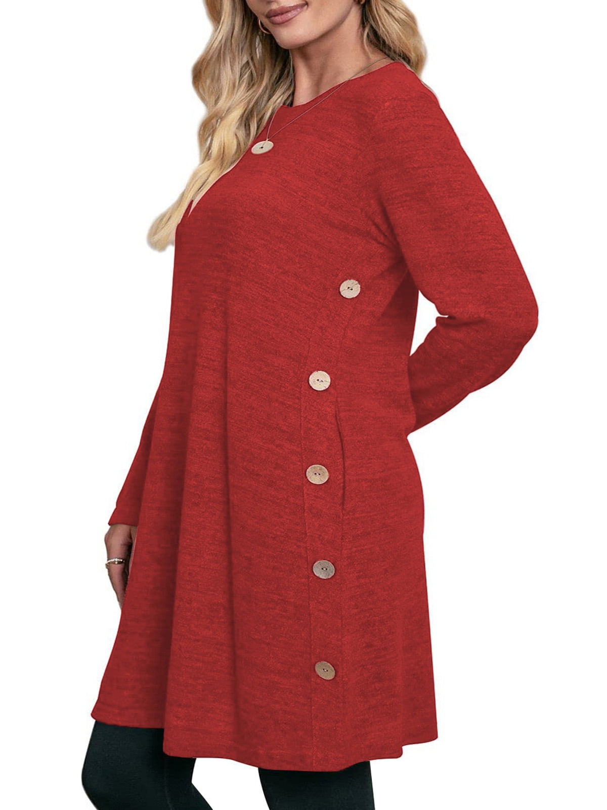 Fall Dresses for Women Long Sleeve Casual Winter Dress with Pockets Buttons Side Tunic Dress