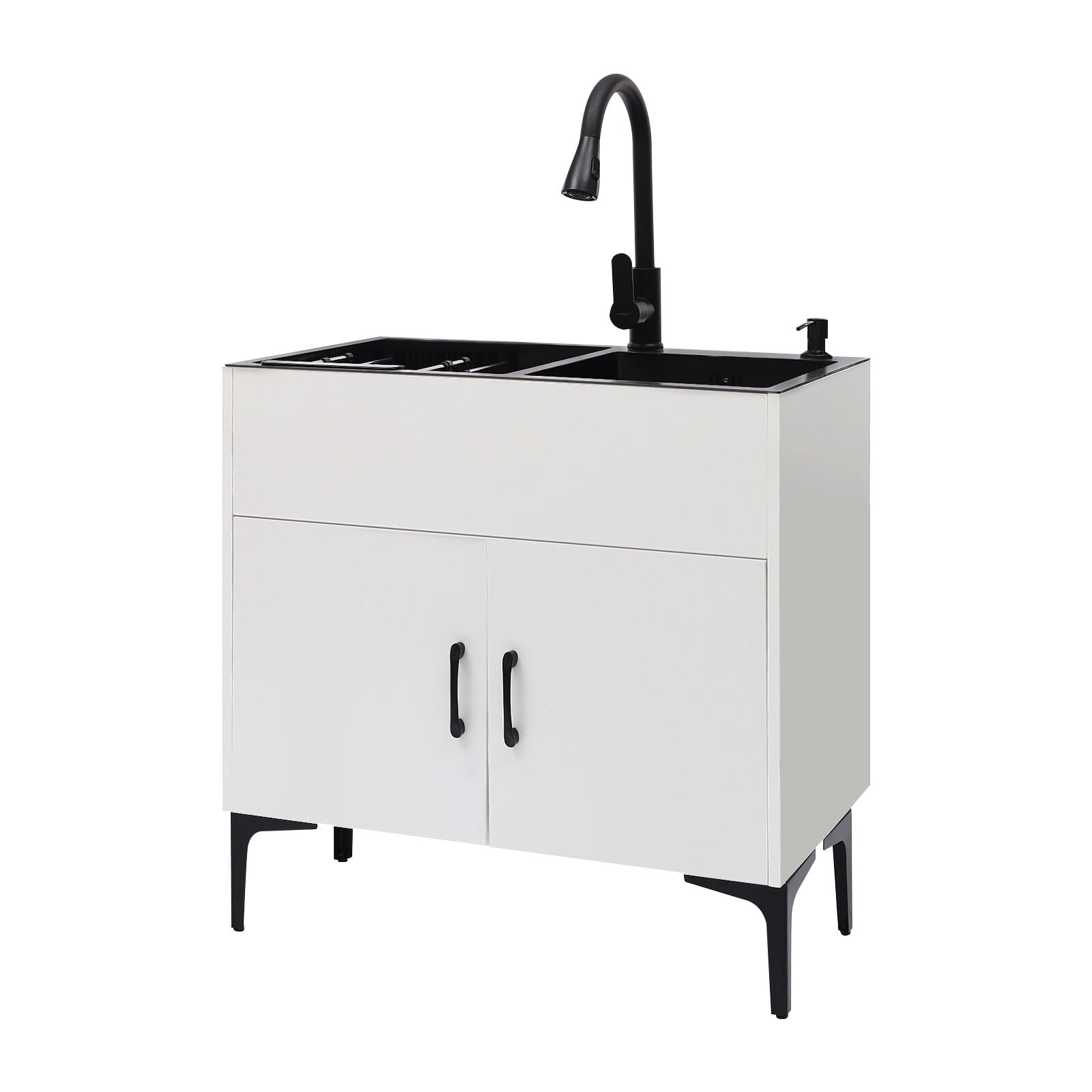 Pull-Out Sprayer Faucet Utility Sink & Stainless Steel Laundry Sink with Cabinet