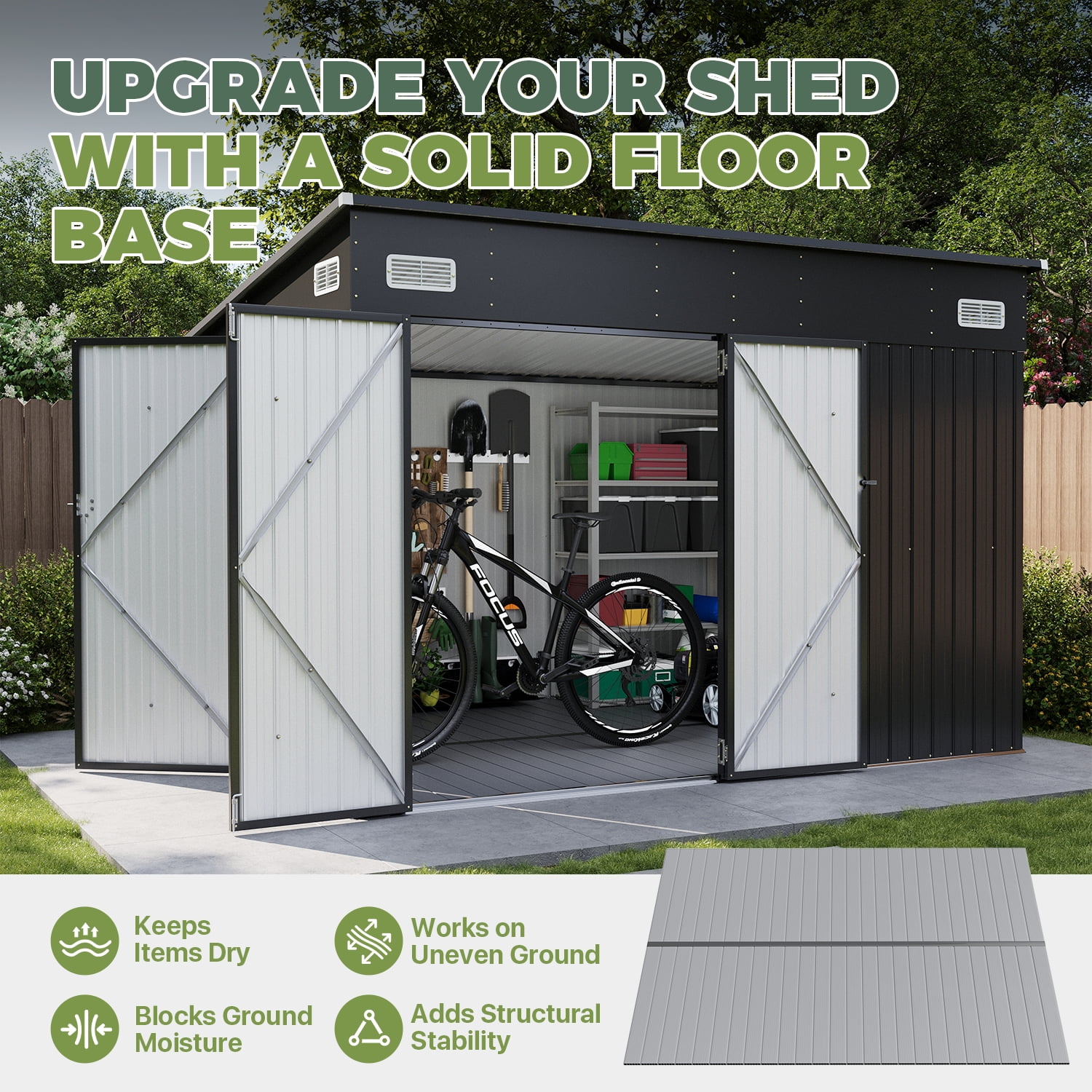 BaPiPro 10'x8' Lean-to Metal Storage Shed with Floor, Outdoor Lockable Shed with Triple Doors & Vents for Garden, Backyard, Patio - Black