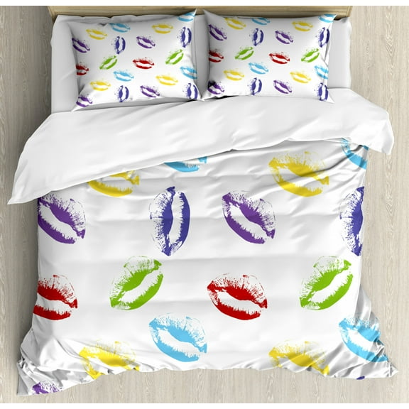 Colorful Duvet Cover Set King Size, Make Up Cosmetics Theme Lipstick Colored Lips Kisses Sexy Seductive Feminine Art, Decorative 3 Piece Bedding Set with 2 Pillow Shams, Multicolor, by Ambesonne