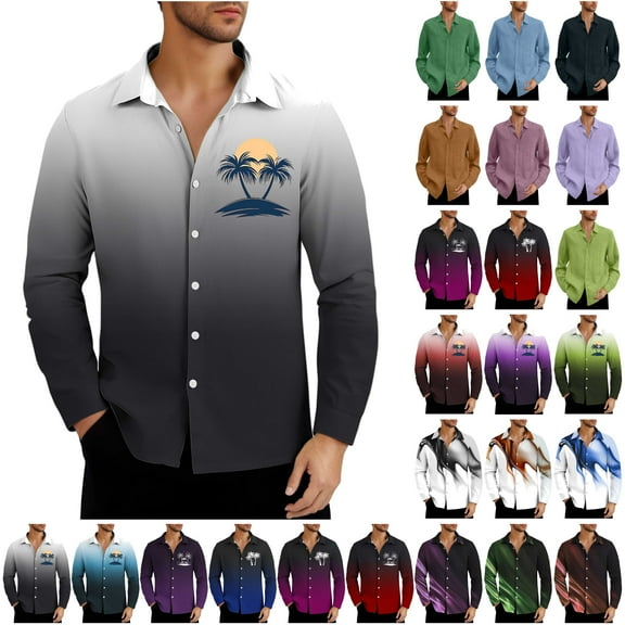 BiZtdJrK Linen Long Sleeve Shirts for Men Summer Casual Button Down Hawaiian Shirt Fashion Gradient Print Blouse Tops Tropical Vacation Beach Outfits Black XXL Daily Sales