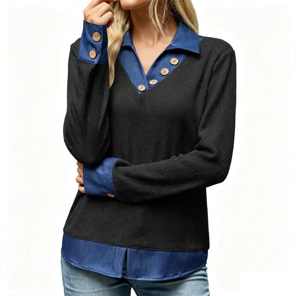 Collared Sweaters For Women,Pullover Sweaters For Women,Sweater With Denim Trim,Knit Sweater,Women Fall Winter Tops,Casual Long Sleeve Knit Tops
