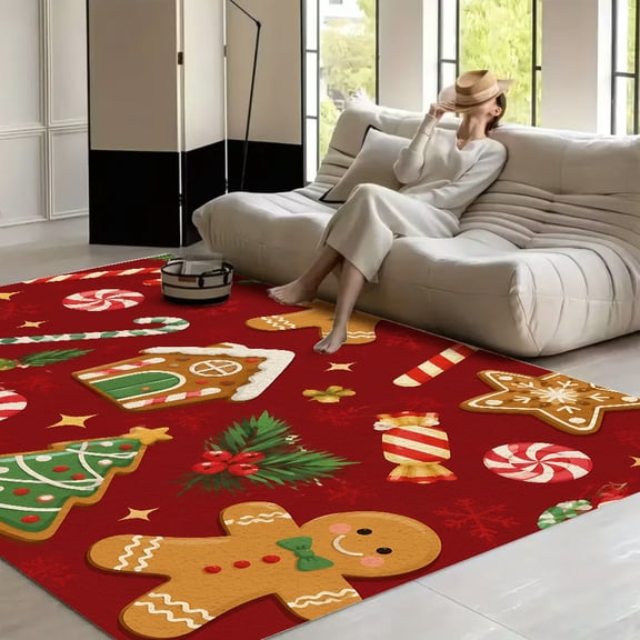 RKSupls Christmas Gingerbread Cookies Candy Canes Soft Fluffy Velvet Area Rug for Living Room Bedroom, Non-Slip Washable Carpet, Modern Minimalist Home Decor Floor Mat