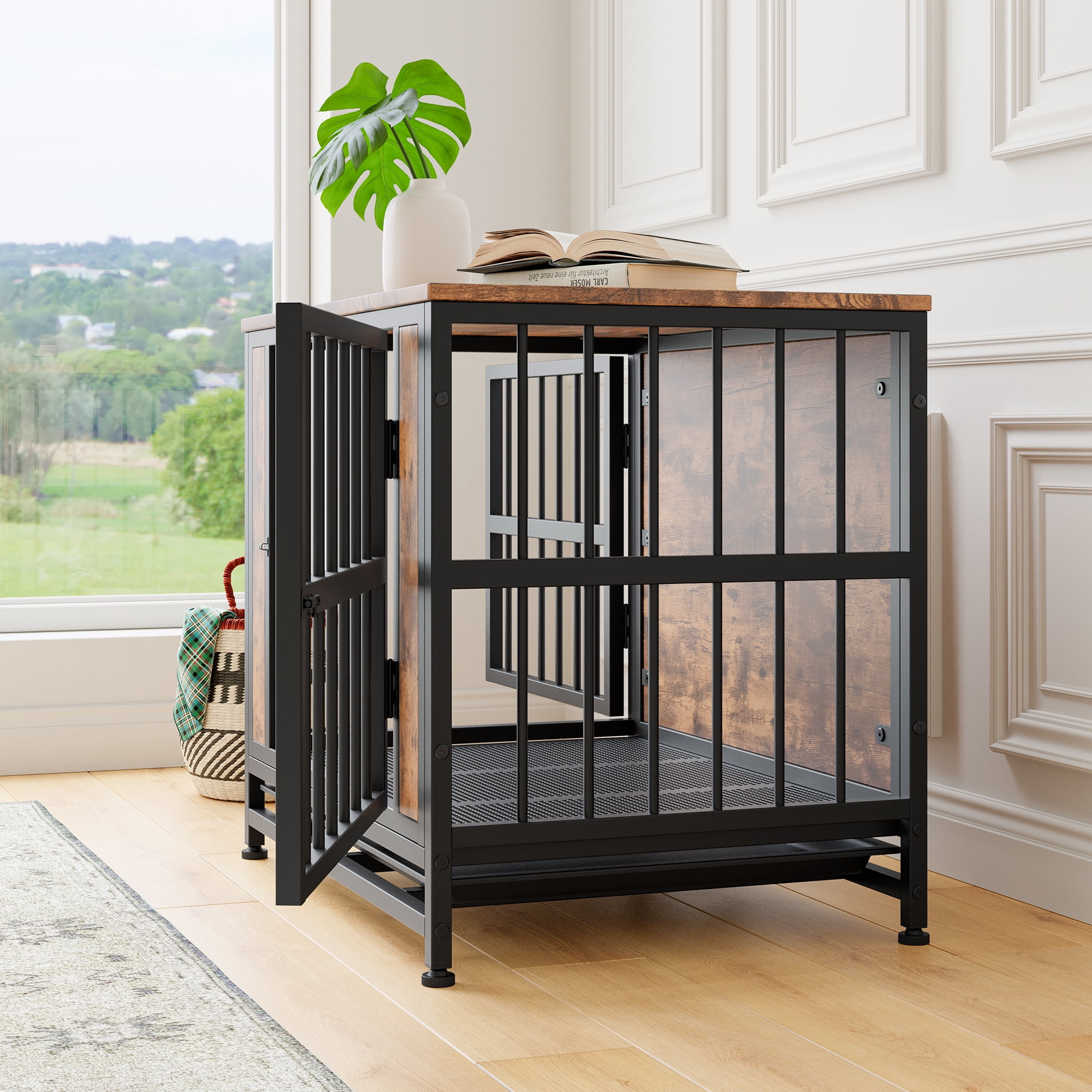 Dog Crate Furniture, Wooden Dog Crate Table, 38.9" Dog Kennel with 2 Sliding Doors and Thick Iron Door Frame, Decorative Pet Crate House