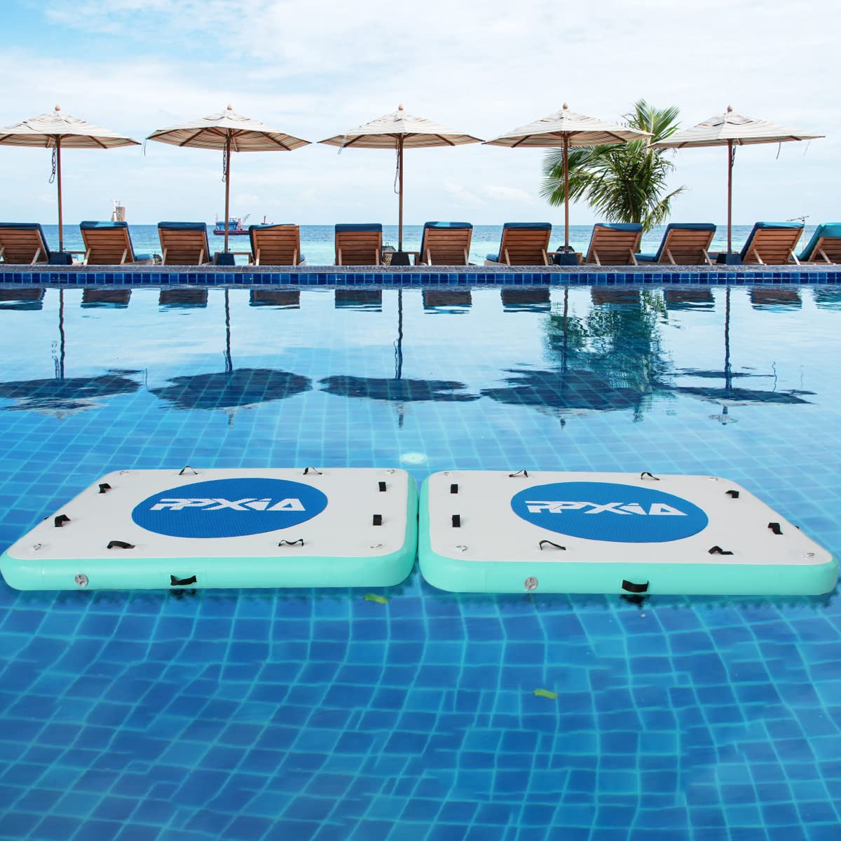 PPXIA Inflatable Floating Dock Mat - 8ft × 5ft Water Platform for Lakes, River, Pool, Ocean - Includes Air Pump