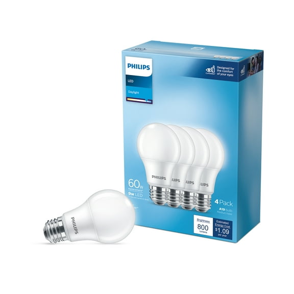 Philips LED 60-Watt Equivalent A19 General Purpose Household Light Bulb, Frosted Daylight, Non-Dimmable, E26 Medium Base (4-Pack)