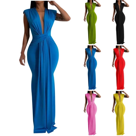 Umbreon Yellow Summer Dresses for Women Sleeve Less V Neck Wedding Guest Dress Solid Color Elegant Prom Maxi Dresses Formal Evening Gowns Beach Vacation Dresses