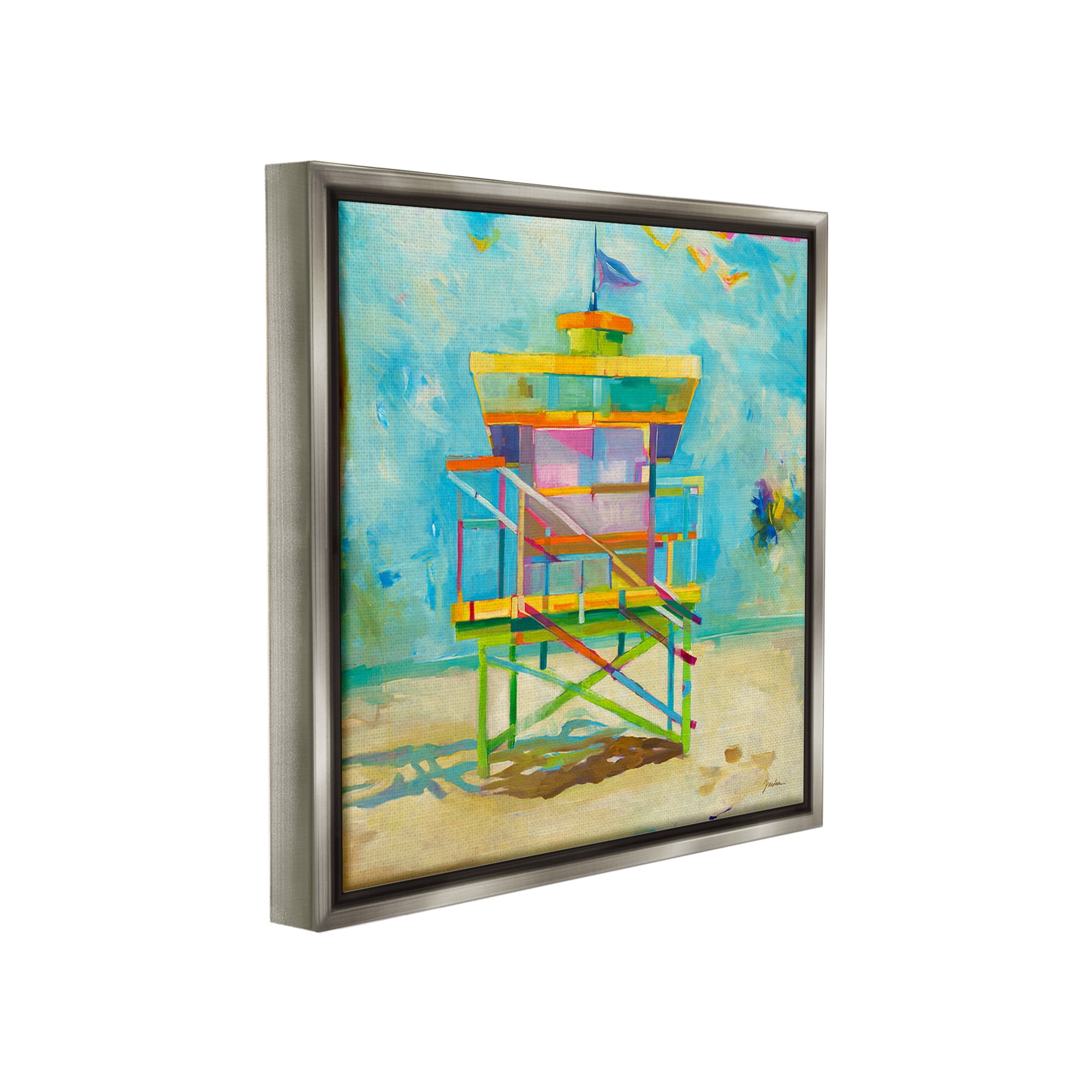 Stupell Industries Modern Lifeguard Hut Abstract Painting Gray Floater Framed Canvas Art Print Wall Art, 18 x 18