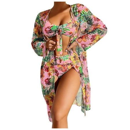 QYZEU Womens Swimsuits Bikini Womens Swimsuits 3 Piece High Waist Bikinis Set Cover Up Swimsuit for Women Long Sleeve Push Up Swimwear Beach Bathing Suit Red S