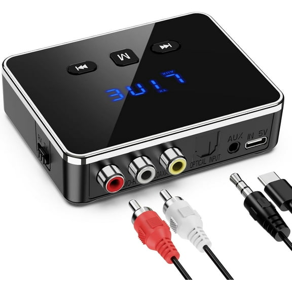Bluetooth Audio Adapter, Bluetooth 5.4 Transmitter Receiver Support U Disk, TF Cards, Optical/RCA/Aux, LED Display, Bluetooth Receiver for TV, Home Stereo, Adapter