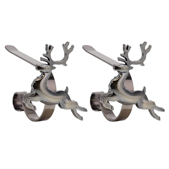 Haute Decor MantleClip Stocking Holders with Removable ZINC Alloy Holiday Icons (2-Pack Reindeer, Antique Brass)