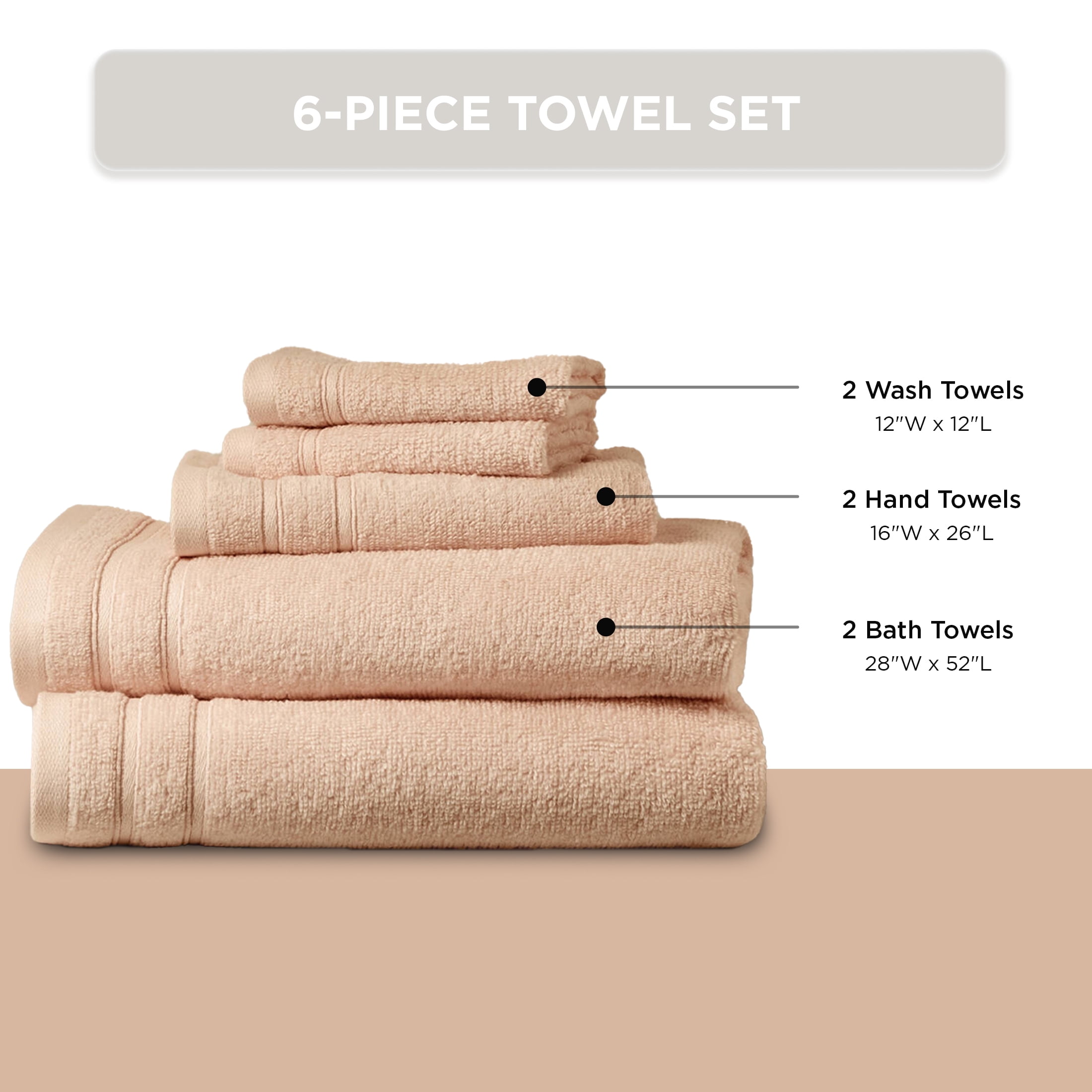 Regency Heights 6-Piece Quick Dry Cotton Bath Towels, Soft & Ultra Absorbent, Blush, Standard Towel Set
