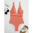thumbnail image 2 of Hotian Women Stripe One Piece Swimsuit Plunge V Neck One Piece Bathing Suit Deep V-Neck Sexy Swimwear Red S, 2 of 5