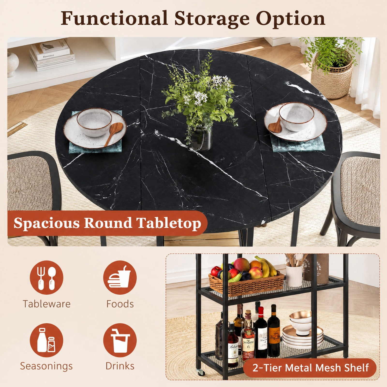 Furnibear Folding Round Dining Table with Lockable Wheels and 2 Storage Shelves and Sturdy Metal Frame for Small Spaces, Black
