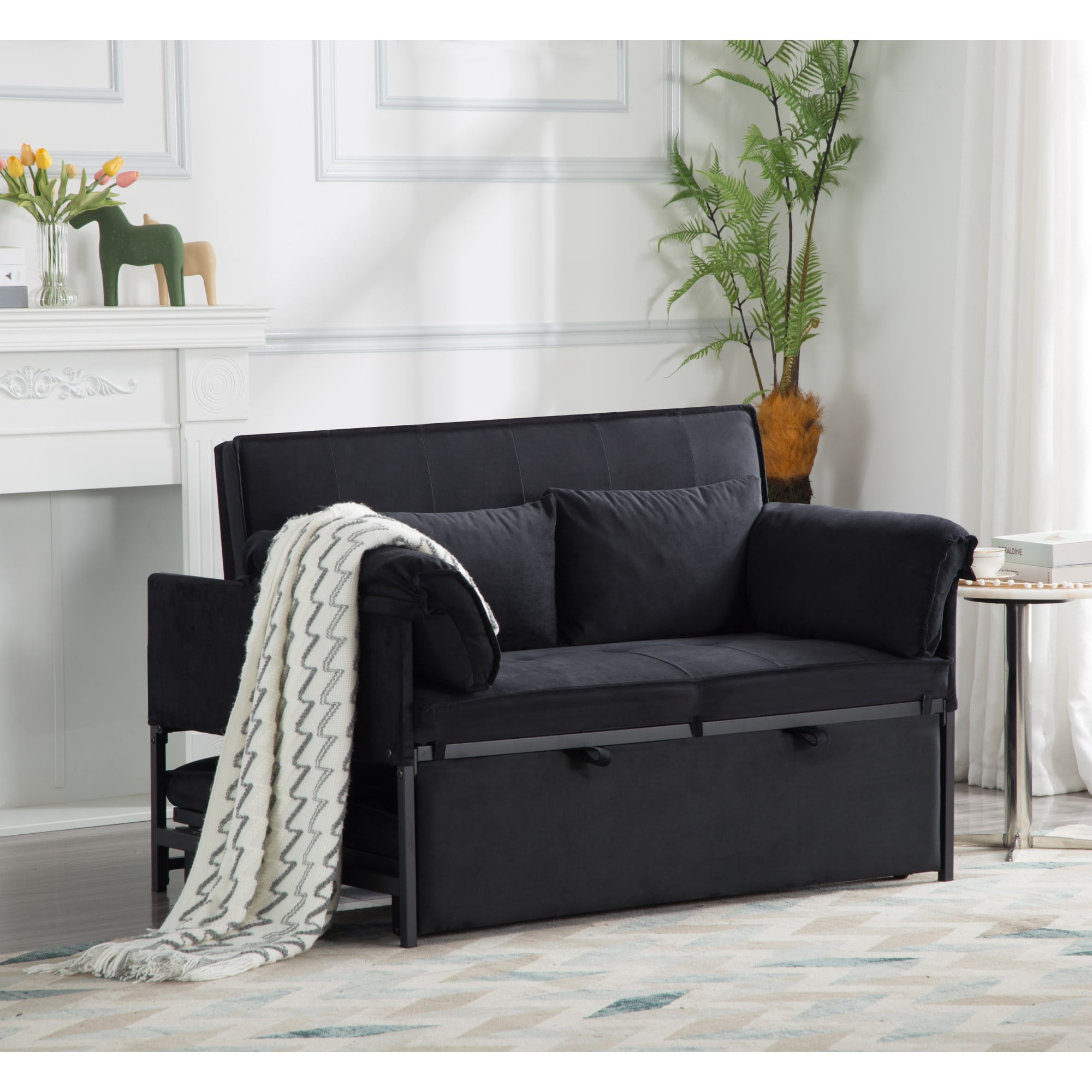 BSHTI 46" Velvet Pull-Out Sleeper Sofa Bed with Adjustable Back, 2 Pillows, Metal Frame for Living Room/Bedroom（Black）