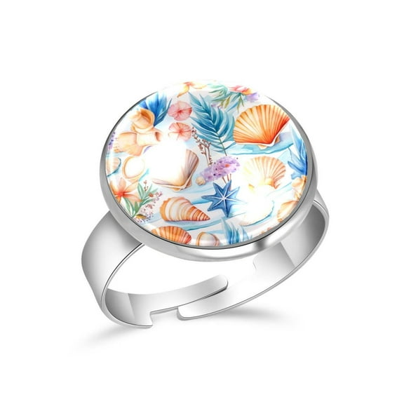 PhooArto Watercolor Beach Seashells Pattern Stainless Steel Rings for Women, Open Adjustable Ring Promise Ring Jewelry Gifts