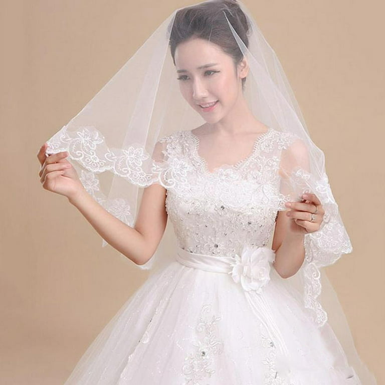 One Blushing Bride Elbow Length Wedding Veil with Beaded Lace Trim, Short Bridal Veil Light Ivory / Elbow 22-25 inch / Beading