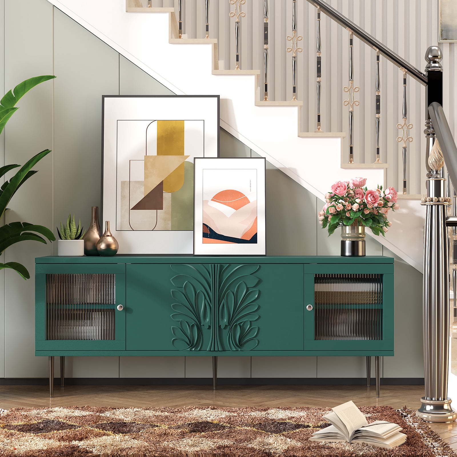 HLR 63" Modern Wood TV Stand with 3D Flower Pattern for TVs Up to 75", Entertainment Center with Storage, Green