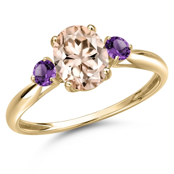 Gem Stone King 10K Yellow Gold Peach Morganite and Purple Amethyst 3-Stone Ring for Women | 1.20 Cttw | Oval 8X6MM | Gemstone October Birthstone | Size 8