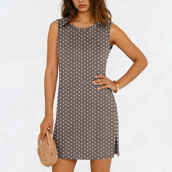 BRGZLK Summer Mini Dresses for Women 2026 Casual Fashion Polka Dot Sleeveless Camisole Round Neck Side Slit Sundress Loose Fit Tank Beach Dress Brown L