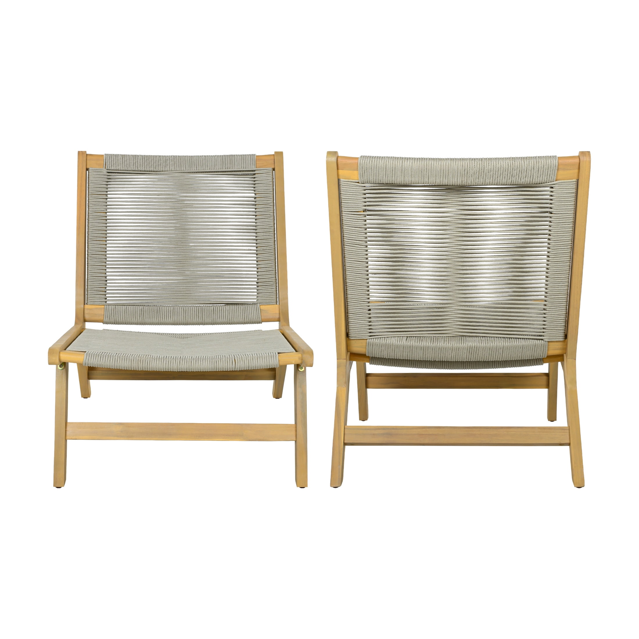 Christopher Knight Home Set of 2 Outdoor Lounge Chairs, Acacia Wood Rope Patio Chairs, Light Teak+Beige
