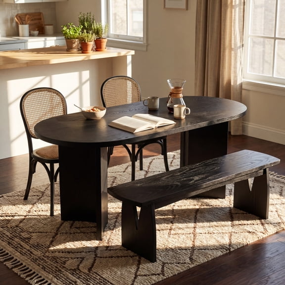 Christopher Knight Home 4-Piece Oval Dining Set for 4, Modern Table with Bench and Rattan Chairs, Black