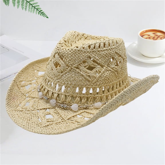 Woven Hollow Out Cowboy Hat for Women and Men, Western Style Wide Brim Sun Hat, Breathable Straw Beach Hat for Garden Party, Summer Festival, and Casual Outfits Beige