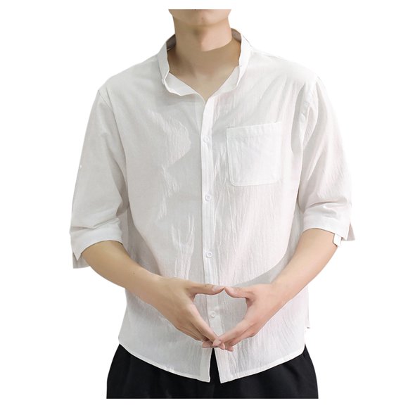RXIRUCGD Mens Summer Tops Linen Shirt Men's New Stand-up Collar Thin Seven-point Short-sleeved Shirt Men White T Shirts For Men