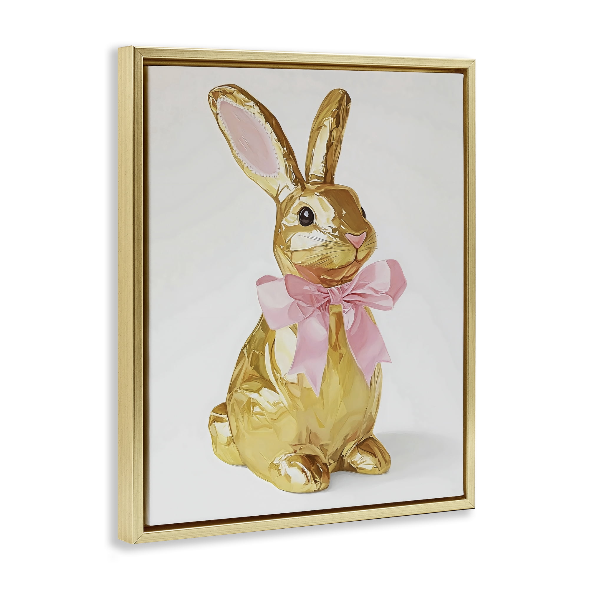 Stupell Industries Golden Easter Bunny with Ribbon Gold Framed Floater Canvas Wall Art, design by The Prints Vibe