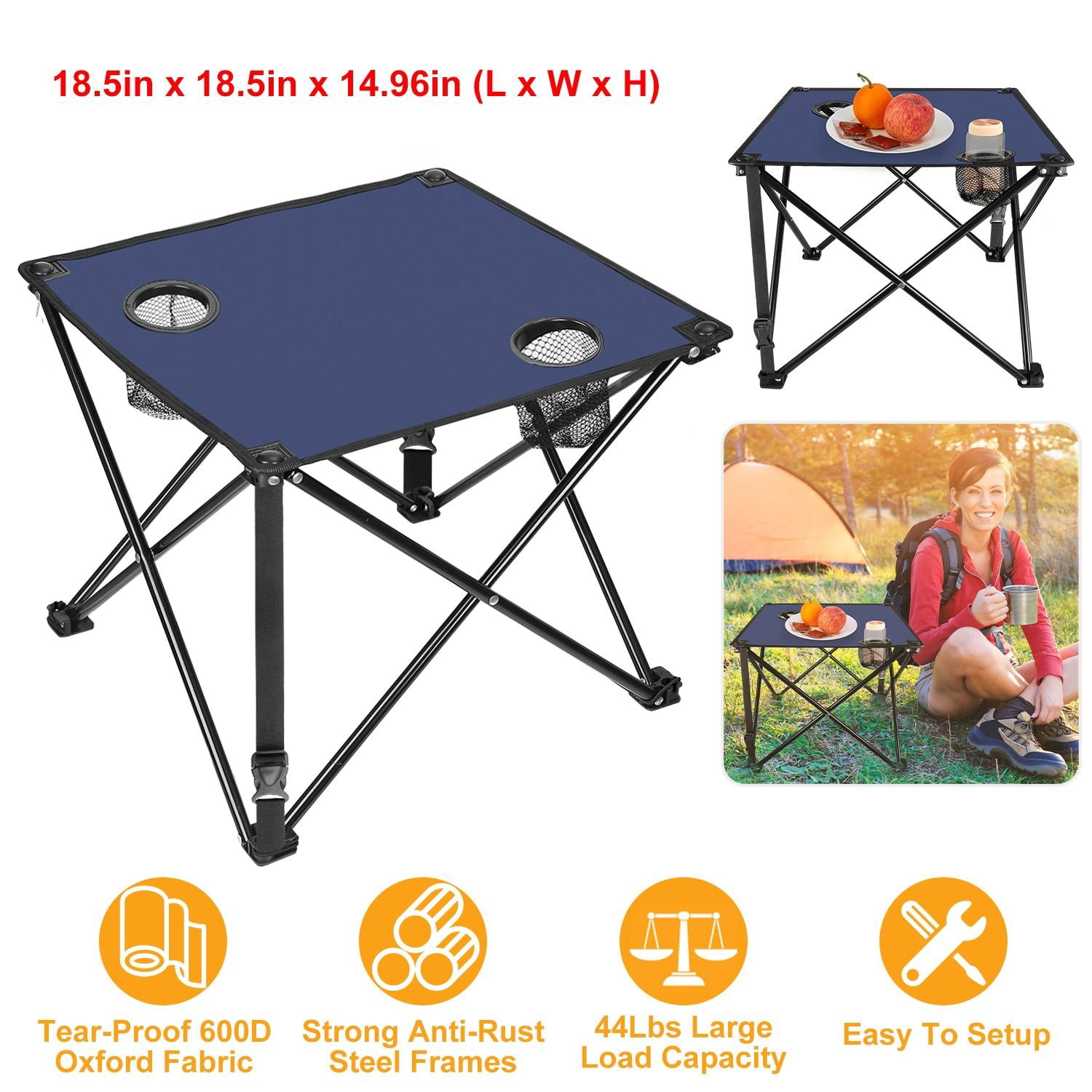 Foldable Camping Table Portable Picnic Table Lightweight Travel Desk with 2 Cup Holders Carrying Bag