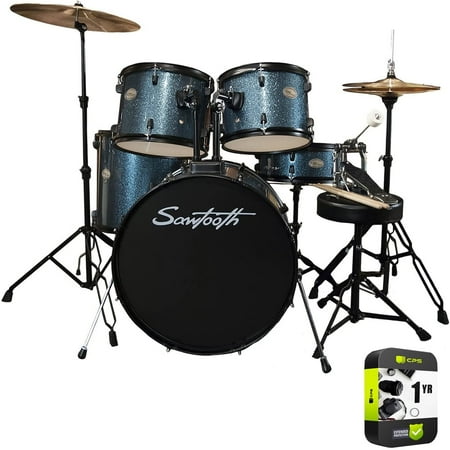 Sawtooth ST-RISE-DS-BS Rise Full Size 5-Piece Student Drum Set with Hardware and Cymbals Blue Sparkle Bundle with 1 YR CPS Enhanced Protection Pack