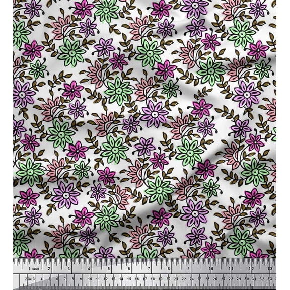 Soimoi Crepe Silk Fabric Leaves & Floral Block Print Fabric by The Yard 42 Inch Wide