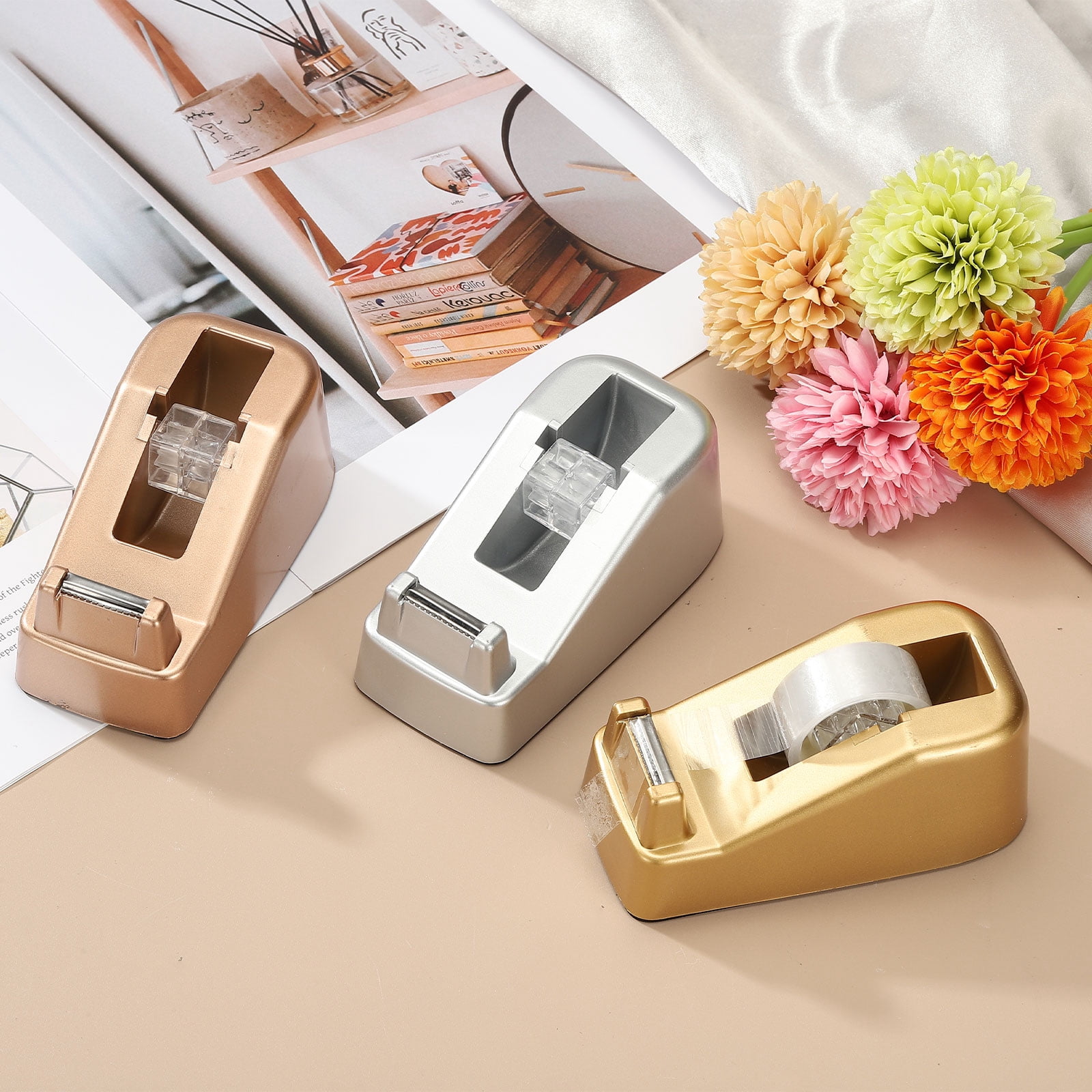 2pcs Tape Dispenser Desk, Heavy Duty Tape Dispenser Desktop Light Luxury Frosted Dispensers Holder Non-Skid Base Elegant for Home Office Desktop Small Business Gift, Rose Gold