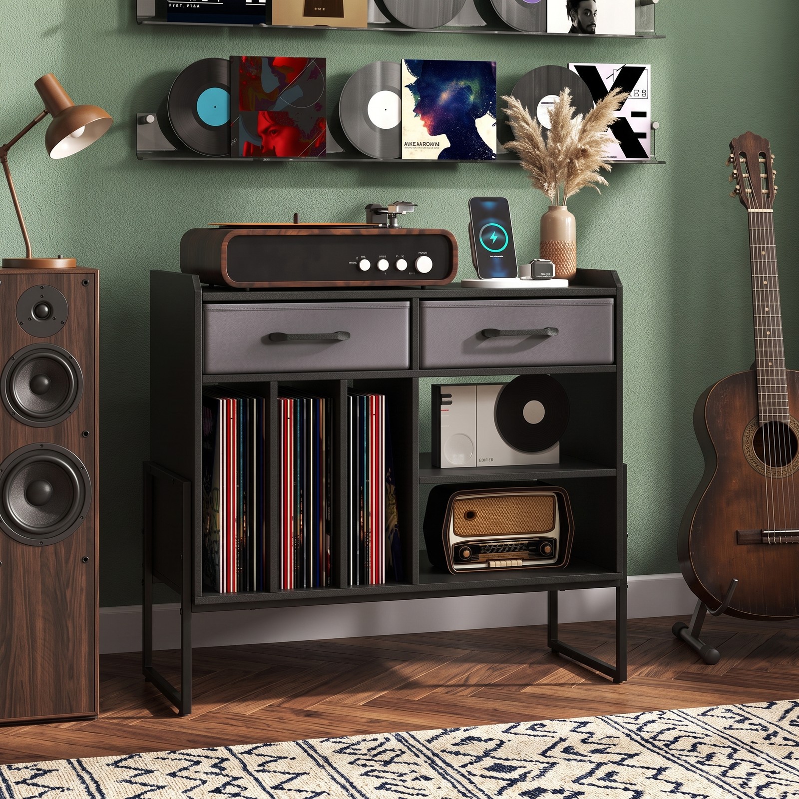 Furnibear Record Player Stand with Charging Station, Mid Century Modern Vinyl Storage Cabinet with USB and Type-C Ports, 2 Fabric Drawers and Adjustable Shelf, Black
