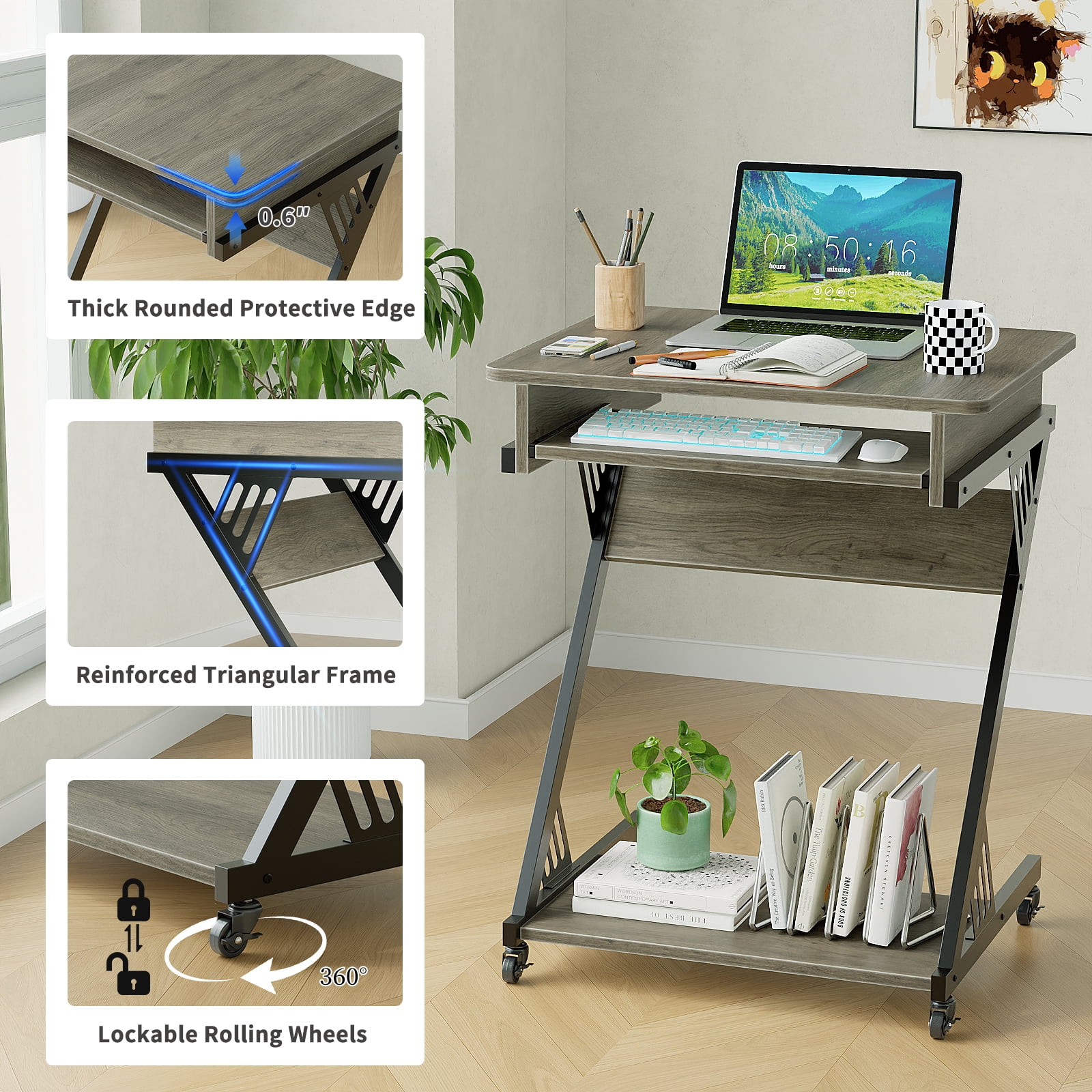 ALISENED 23.6 inch Z-Shaped Computer Desk with Smooth Keyboard Tray, with Wheels and Bottom Shelves
