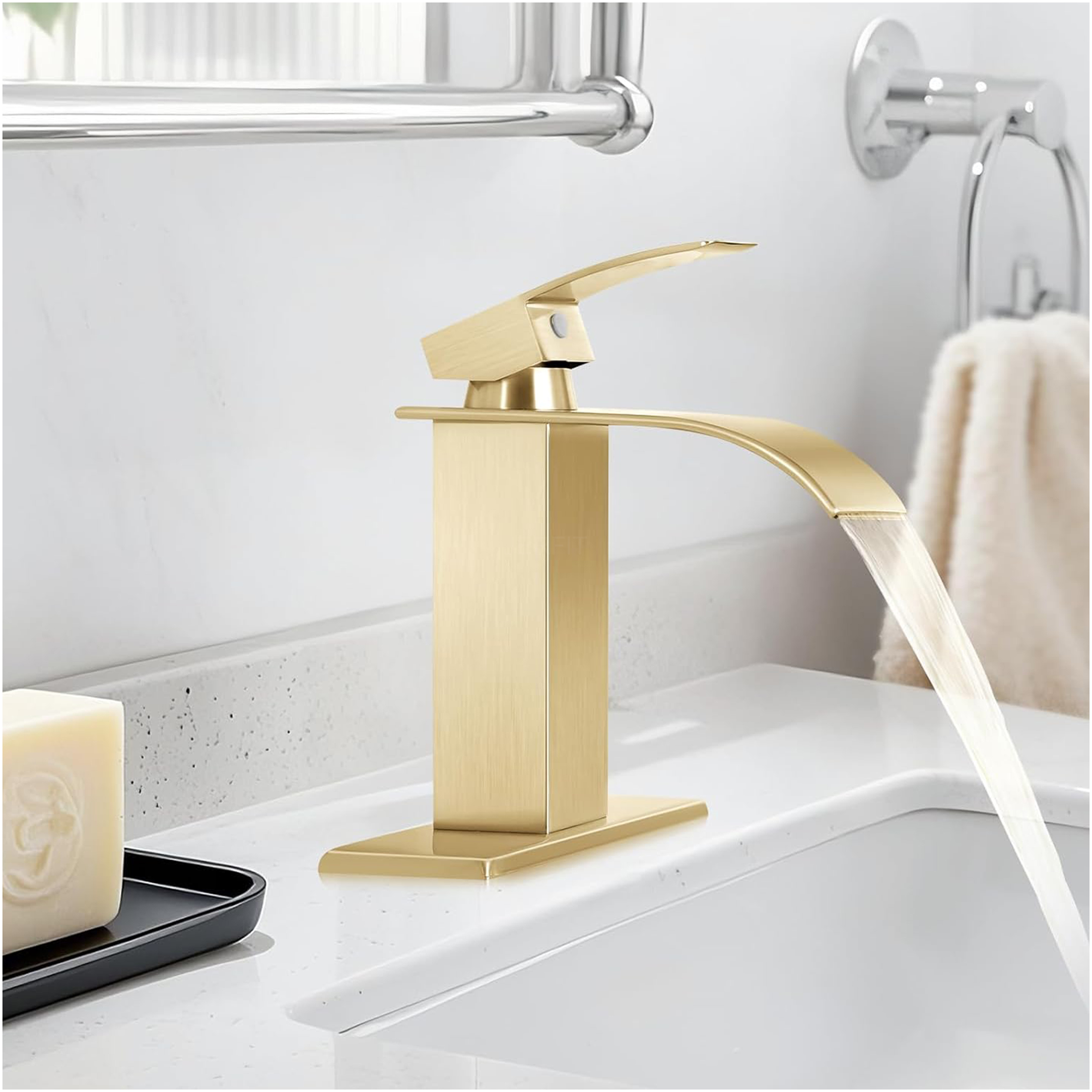 JERFIT Single Handle Bathroom Sink Faucet, Brushed Gold Modern Single Hole Vanity Faucet with WaterSense, Stainless Steel Lavatory Faucet for Bathroom
