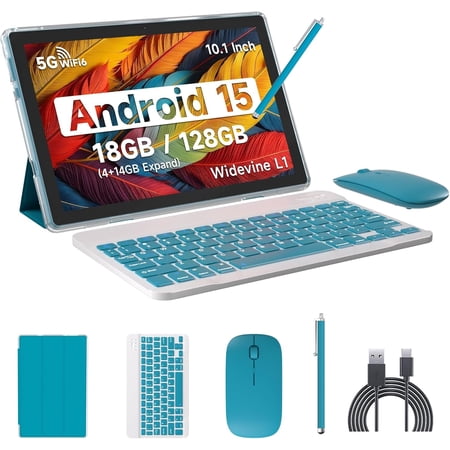 Android 15 Tablet 10 Inch 18GB RAM+128GB ROM/ 2TB Expandable Tablet 2.0GHz Quad-core Processor 1280x800 HD Touchscreen 5G WiFi6 BT 5.0 2 in 1 Tablets with Keyboard Case Mouse Stylus Navy